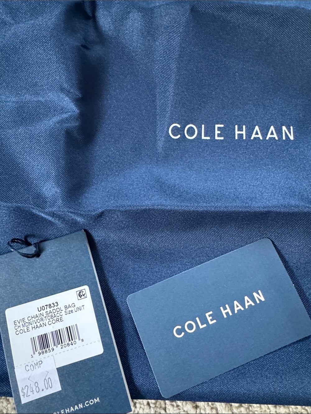 Cole Haan Navy and Brown Pebbled Leather Crossbody with Gold Chain - Picture 10 of 14